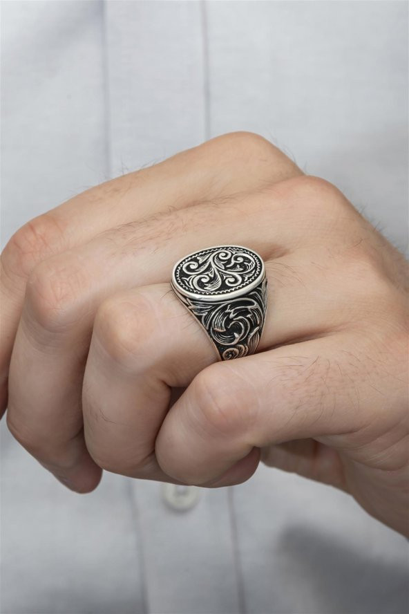 Oyma Desenli Taşsız 925 Gümüş Erkek Yüzük - Resim 4