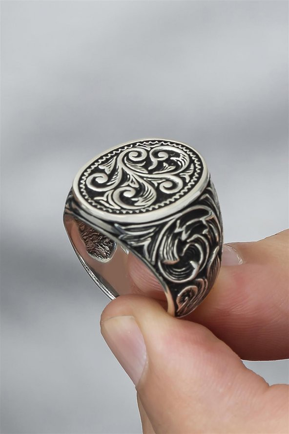 Oyma Desenli Taşsız 925 Gümüş Erkek Yüzük - Resim 5