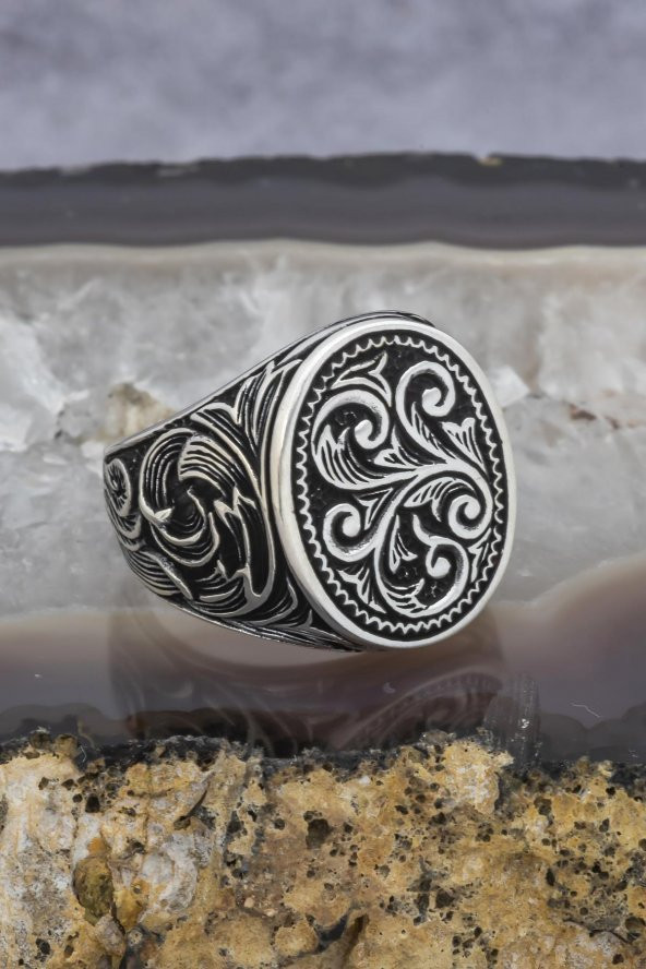 Oyma Desenli Taşsız 925 Gümüş Erkek Yüzük - Resim 6