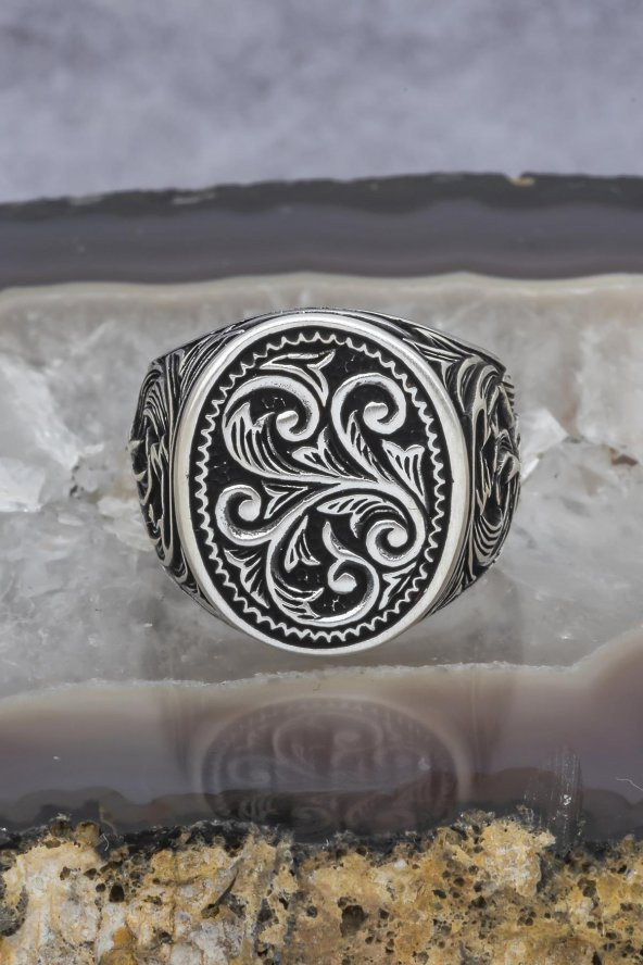 Oyma Desenli Taşsız 925 Gümüş Erkek Yüzük - Resim 7