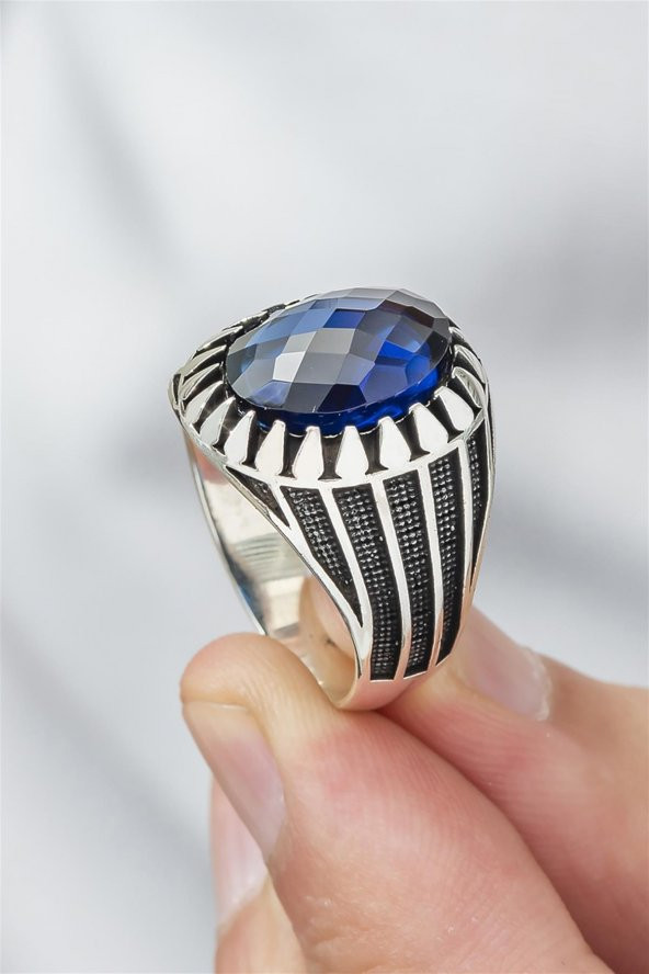 Oval Parlament Mavisi Taşlı 925 Gümüş Erkek Yüzük ürün görseli