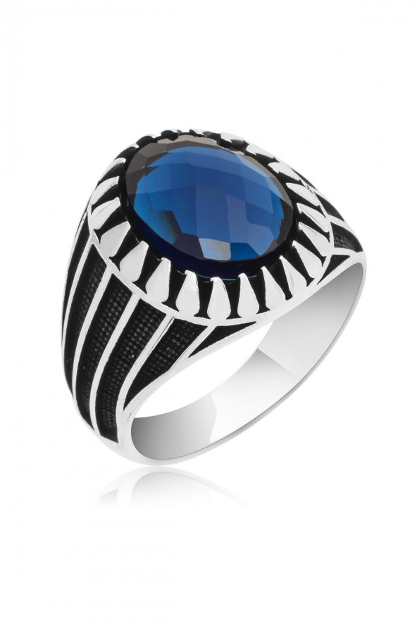 Oval Parlament Mavisi Taşlı 925 Gümüş Erkek Yüzük - Resim 2