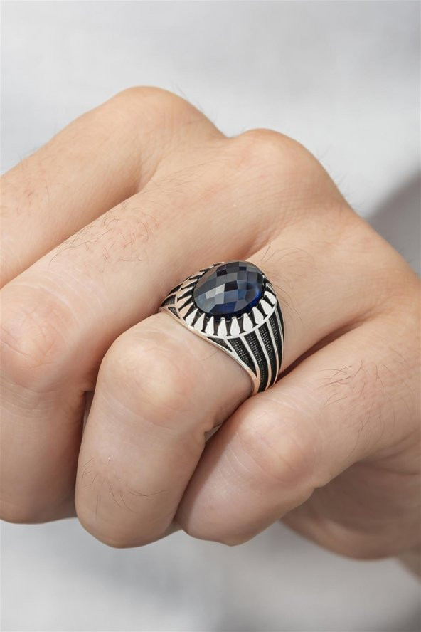 Oval Parlament Mavisi Taşlı 925 Gümüş Erkek Yüzük - Resim 4