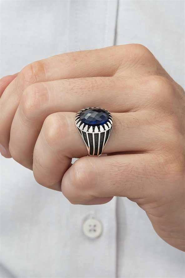 Oval Parlament Mavisi Taşlı 925 Gümüş Erkek Yüzük - Resim 5