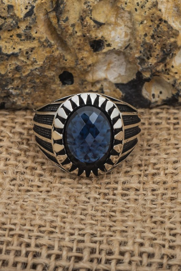 Oval Parlament Mavisi Taşlı 925 Gümüş Erkek Yüzük - Resim 6