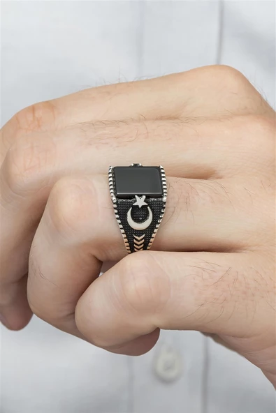 Kare Oniks Taşlı Ayyıldız 925 Gümüş Erkek Yüzük - 5