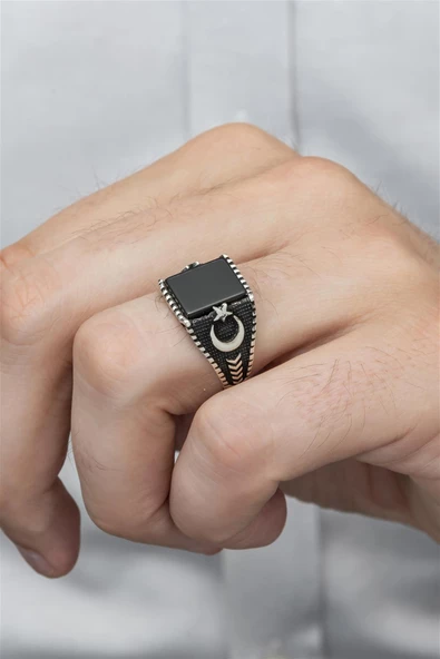 Kare Oniks Taşlı Ayyıldız 925 Gümüş Erkek Yüzük - 3