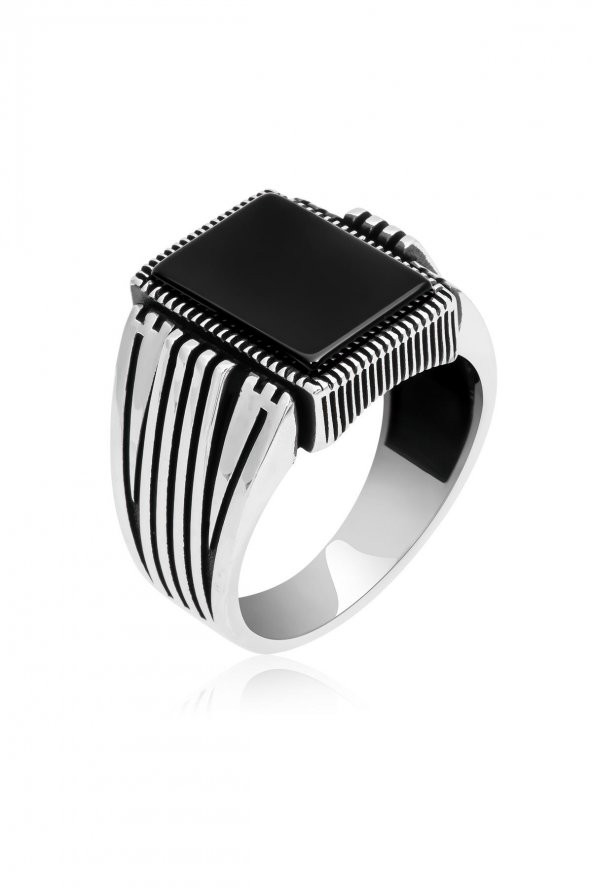 Kare Oniks Taşlı 925 Gümüş Erkek Yüzük - Resim 2