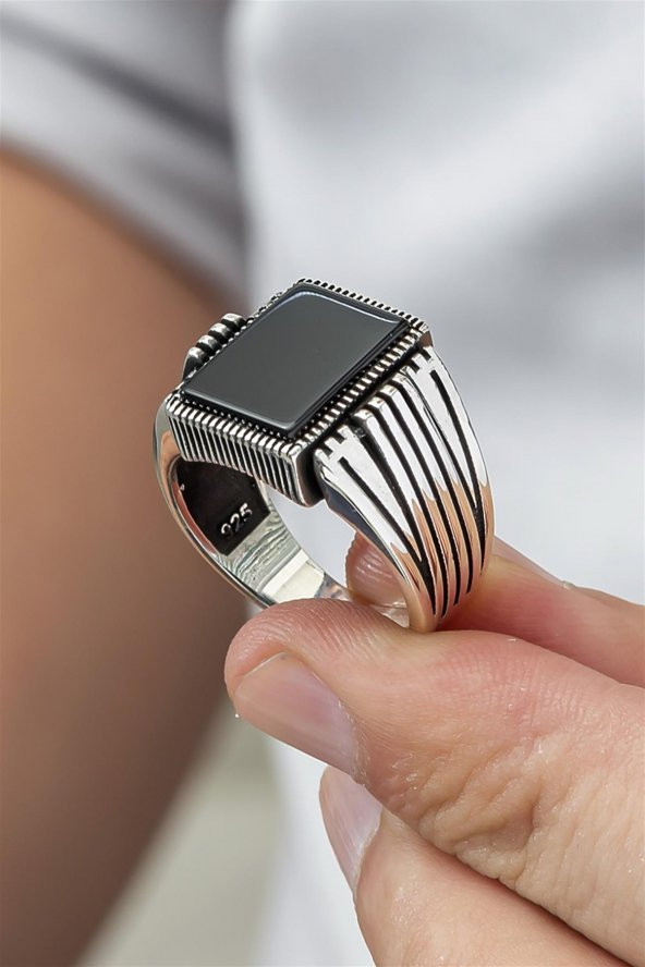 Kare Oniks Taşlı 925 Gümüş Erkek Yüzük - Resim 3