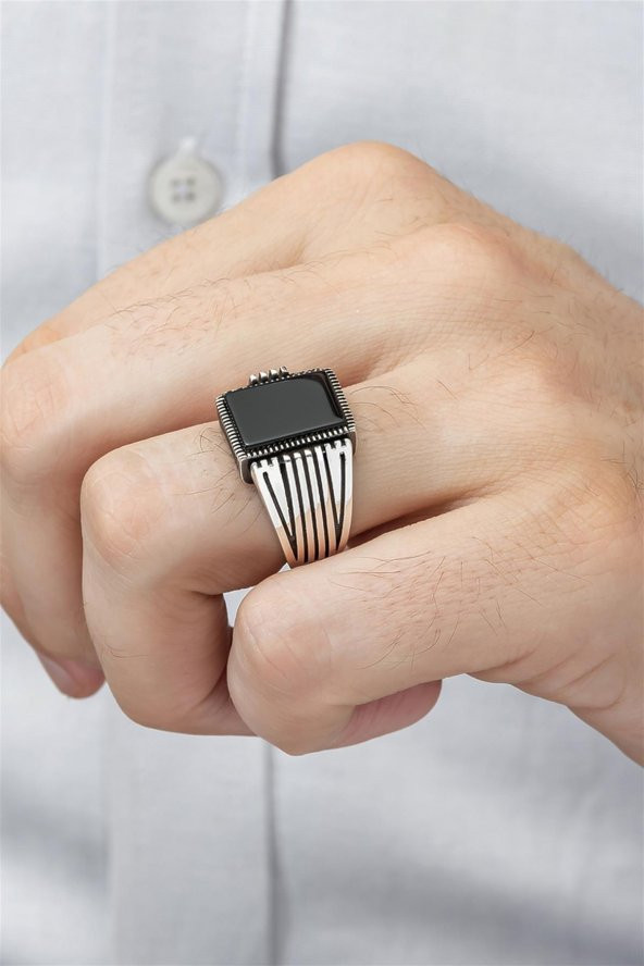 Kare Oniks Taşlı 925 Gümüş Erkek Yüzük - Resim 4