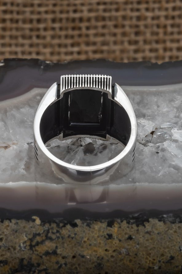 Kare Oniks Taşlı 925 Gümüş Erkek Yüzük - Resim 7