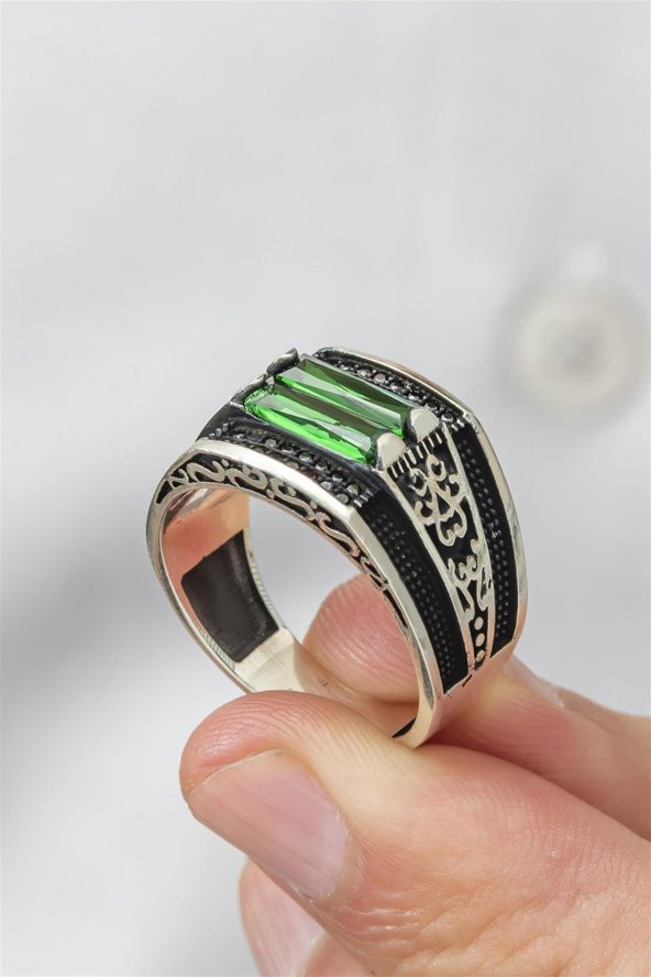2 Sıra Yeşil Baget Taşlı 925 Gümüş Erkek Yüzük - Resim 4