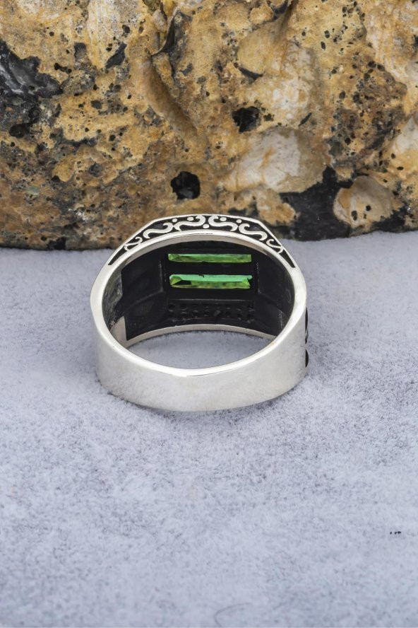 2 Sıra Yeşil Baget Taşlı 925 Gümüş Erkek Yüzük - Resim 5