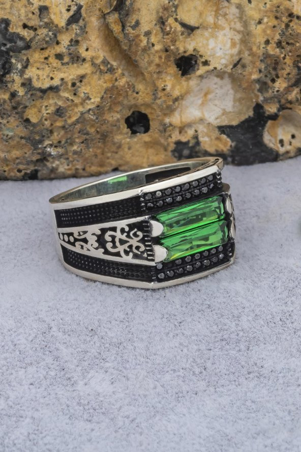 2 Sıra Yeşil Baget Taşlı 925 Gümüş Erkek Yüzük - Resim 6