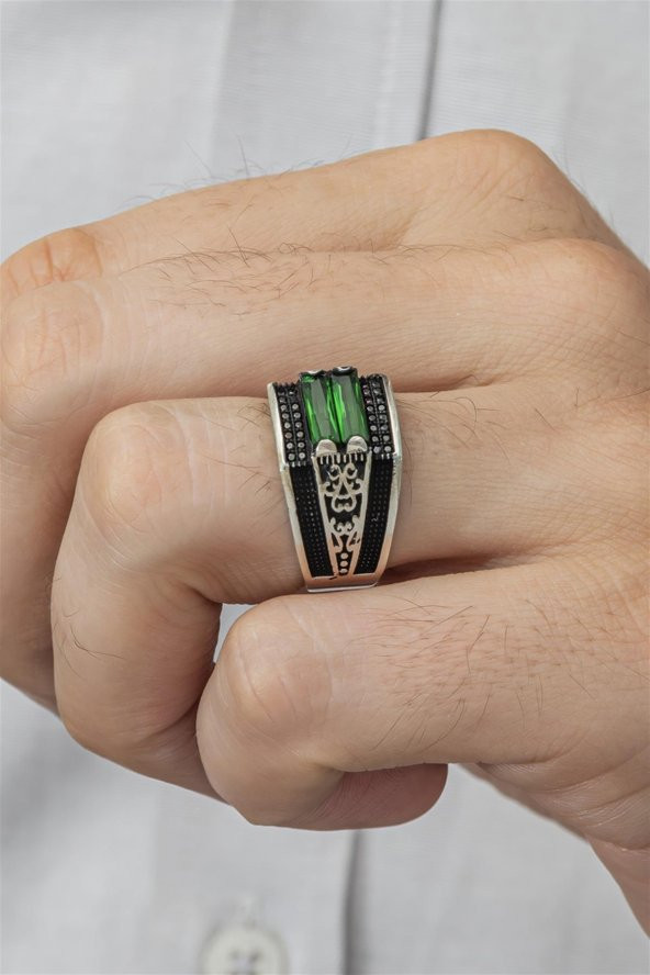 2 Sıra Yeşil Baget Taşlı 925 Gümüş Erkek Yüzük - Resim 7