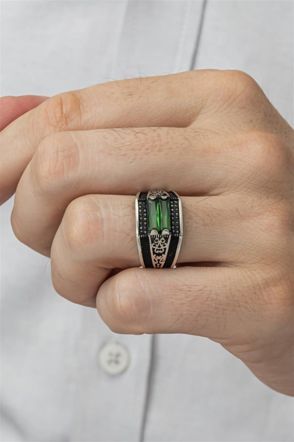 2 Sıra Yeşil Baget Taşlı 925 Gümüş Erkek Yüzük - Resim 8