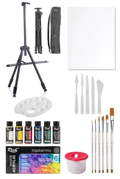 Rich Mastermix Akrilik Boya 6 Ana Renk 3 Ayaklı Metal Şövale 35x50 Tuval Plastik Spatula Seti 6'lı ürün görseli
