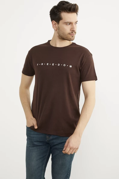 Baskılı Sıfır Yaka Pamuk Tişört - Kahve - Resim 2