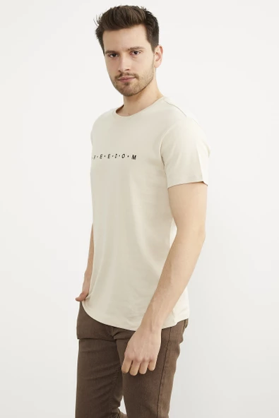 Baskılı Sıfır Yaka Pamuk Tişört - Bej - Resim 2