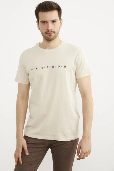 Baskılı Sıfır Yaka Pamuk Tişört - Bej ürün görseli