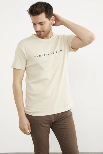 Baskılı Sıfır Yaka Pamuk Tişört - Bej - Resim 3