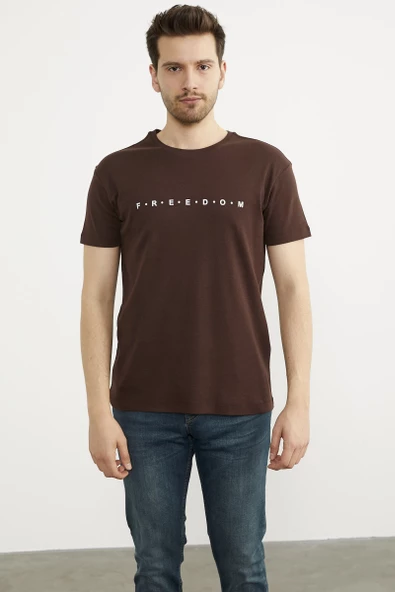 Baskılı Sıfır Yaka Pamuk Tişört - Kahve ürün görseli 1