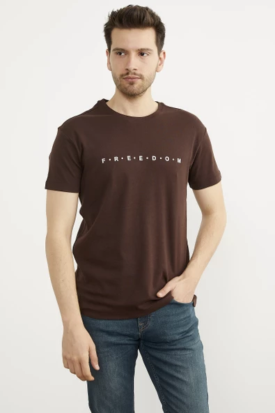 Baskılı Sıfır Yaka Pamuk Tişört - Kahve - Resim 3