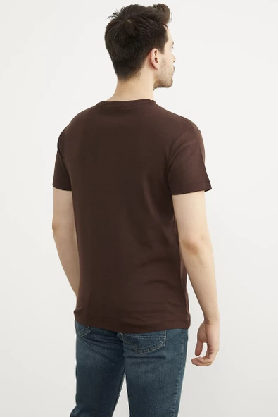 Baskılı Sıfır Yaka Pamuk Tişört - Kahve - Resim 4