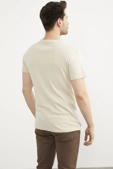 Baskılı Sıfır Yaka Pamuk Tişört - Bej - Resim 4