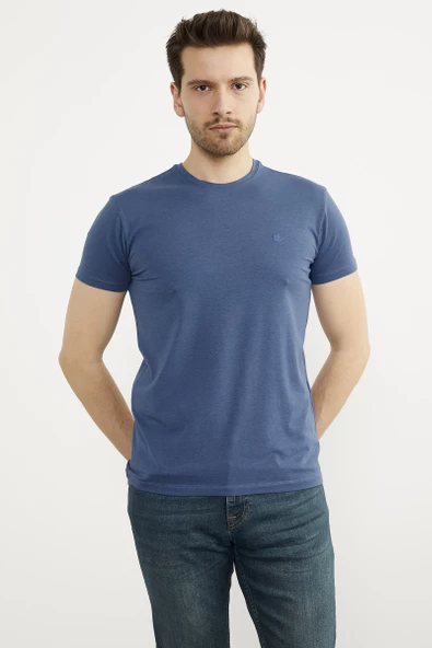 Sıfır Yaka Basic Tişört - Mavi - Resim 3