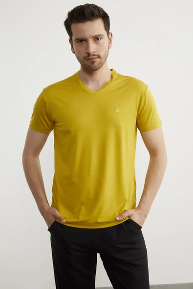 V Yaka Basic Kısa Kol Tişört - Hardal - 3