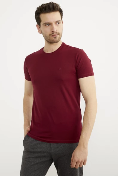 Sıfır Yaka Basic Tişört - Bordo - Resim 2
