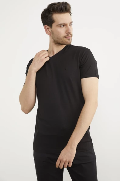 V Yaka Basic Kısa Kol Tişört - Siyah - Resim 2