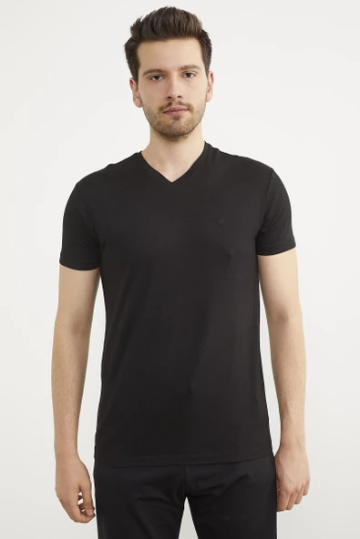 V Yaka Basic Kısa Kol Tişört - Siyah ürün görseli 1