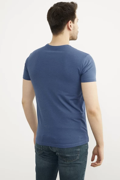 Sıfır Yaka Basic Tişört - Mavi - Resim 4