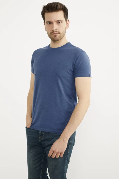 Sıfır Yaka Basic Tişört - Mavi - Resim 2