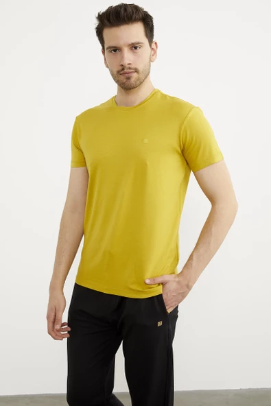 Sıfır Yaka Basic Tişört - Hardal - Resim 2