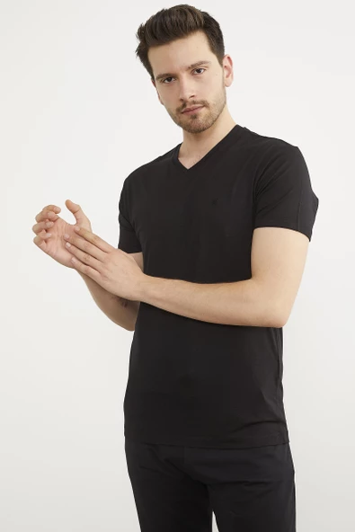 V Yaka Basic Kısa Kol Tişört - Siyah - Resim 3