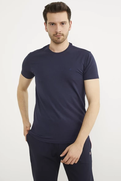 Sıfır Yaka Basic Tişört - Lacivert - 4