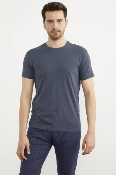 Sıfır Yaka Basic Tişört - Füme - 3
