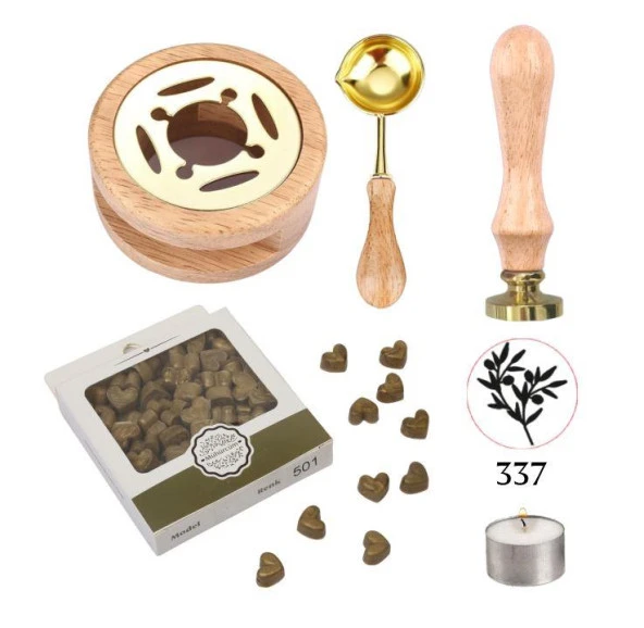 Davetiye Mum Mühürü Uygulama Seti Ahşap Rengi 337 Zeytin Dalı