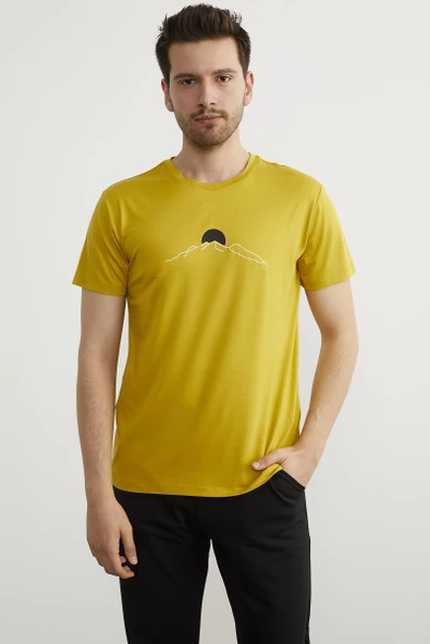 Sıfır Yaka Baskılı Kısa Kol Tişört - Hardal ürün görseli 1