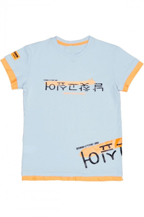 Erkek Çocuk Çift Taraf Japonca Yazı Desenli Tişört Mavi