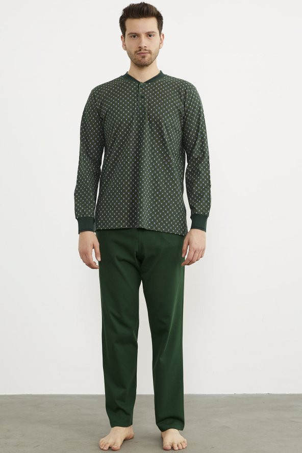 Desenli Cep Detaylı Pijama Takım - Yeşil