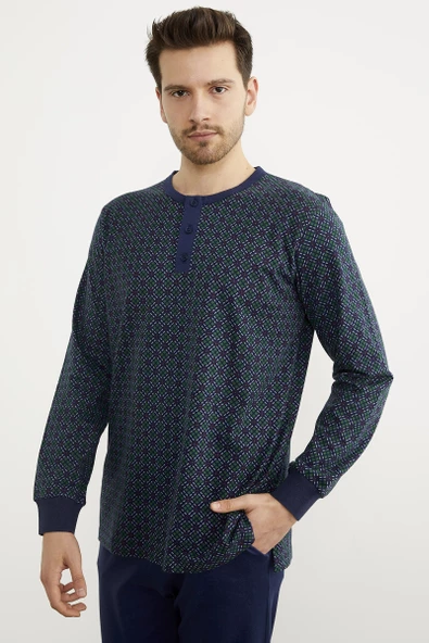 Desenli Düğmeli Yaka Pijama Takım - Lacivert - 4