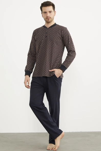 Desenli Cep Detaylı Pijama Takım - Lacivert - 3
