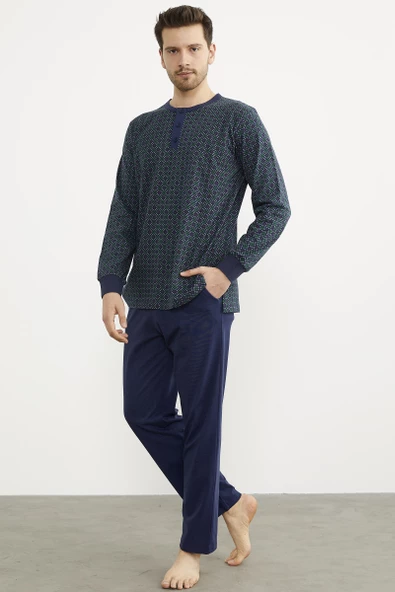 Desenli Düğmeli Yaka Pijama Takım - Lacivert - 2