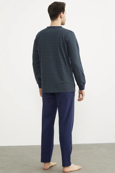 Desenli Düğmeli Yaka Pijama Takım - Lacivert - 5