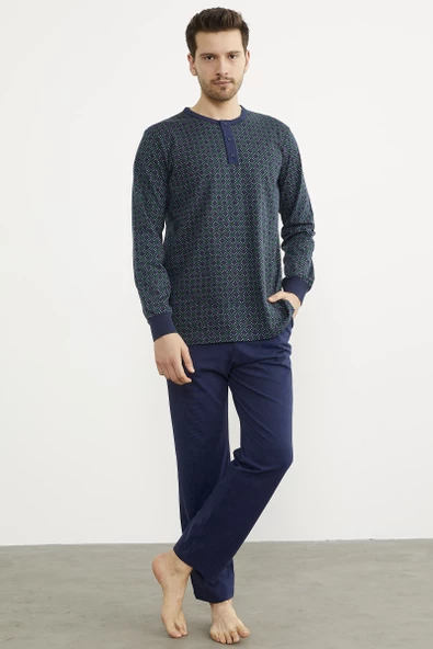 Desenli Düğmeli Yaka Pijama Takım - Lacivert - 3