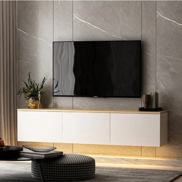 BMdekor TV Sehpası Norm Duvara Monte Beyaz Safir Meşe LED Işıklı 160 cm - 2